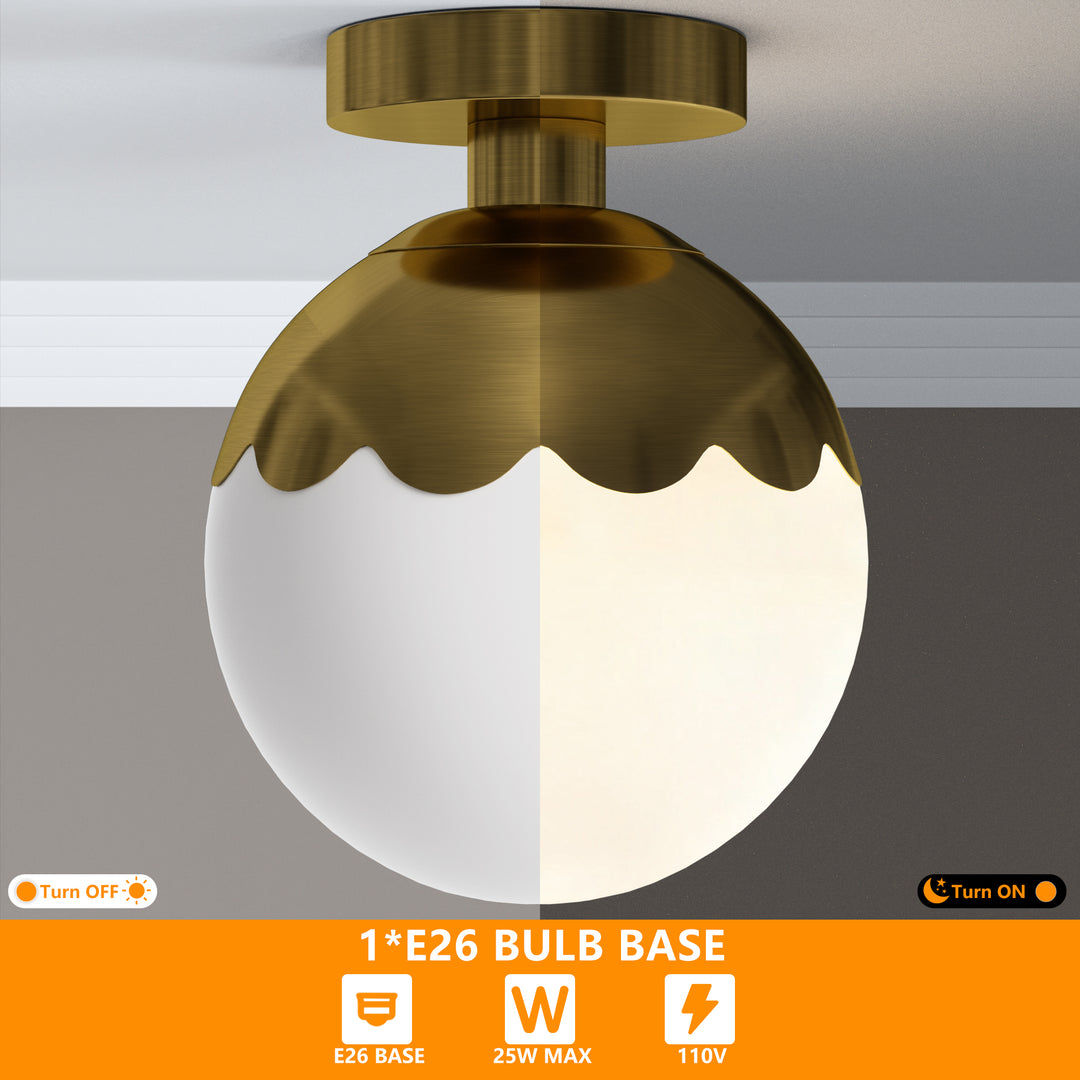 7.78 "-1 Light Paint Black /Brushed Brass /Brushed Nickel Modern Minimalist Milky White Glass Globe Semi Flush Mount Lighting Fixture For Bedroom/Hallway ＃C001