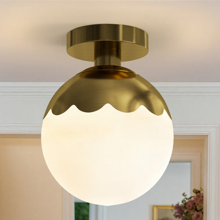 7.78 "-1 Light Paint Black /Brushed Brass /Brushed Nickel Modern Minimalist Milky White Glass Globe Semi Flush Mount Lighting Fixture For Bedroom/Hallway ＃C001