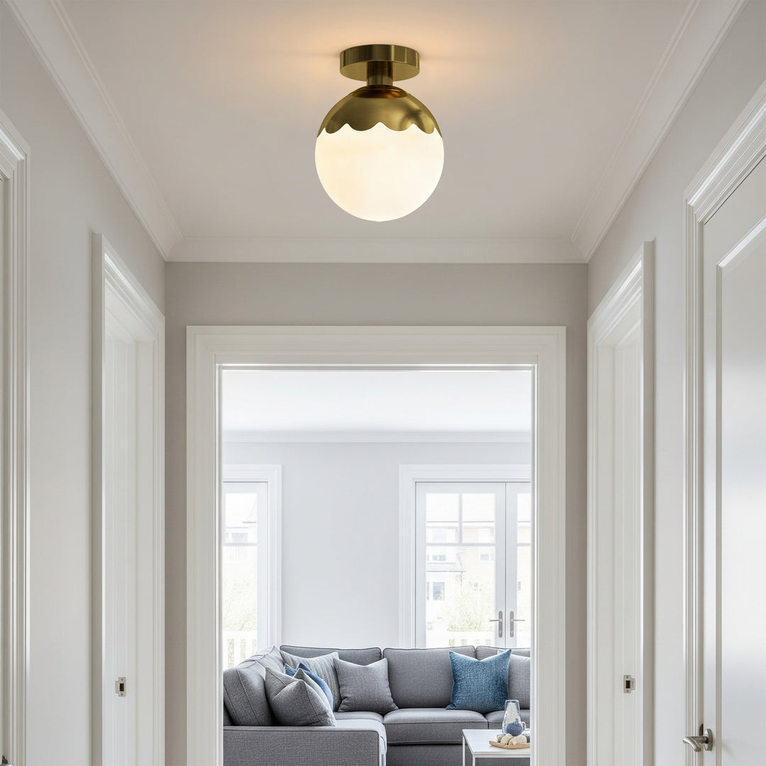 7.78 "-1 Light Paint Black /Brushed Brass /Brushed Nickel Modern Minimalist Milky White Glass Globe Semi Flush Mount Lighting Fixture For Bedroom/Hallway ＃C001