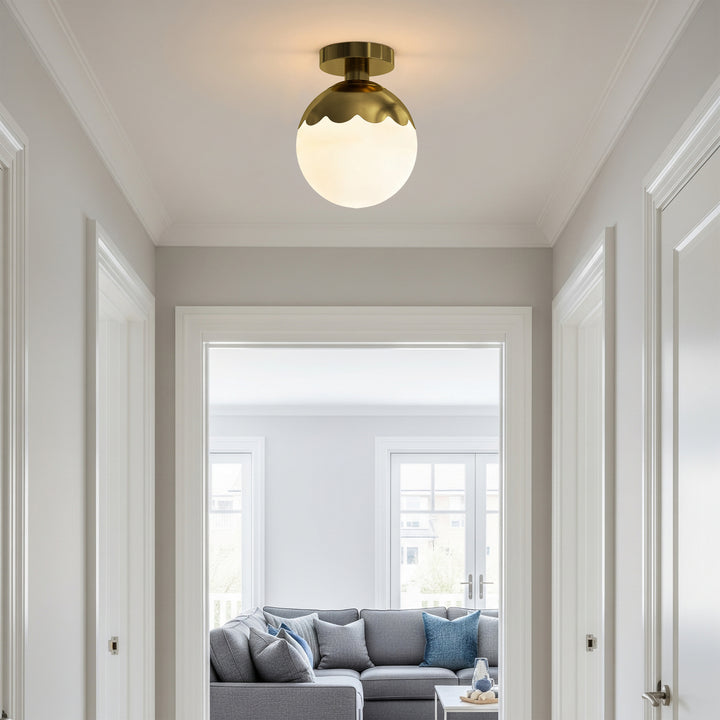 7.78 "-1 Light Paint Black /Brushed Brass /Brushed Nickel Modern Minimalist Milky White Glass Globe Semi Flush Mount Lighting Fixture For Bedroom/Hallway ＃C001