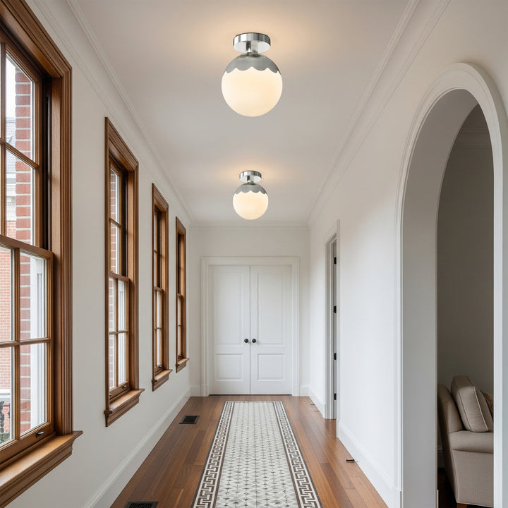 7.78 "-1 Light Paint Black /Brushed Brass /Brushed Nickel Modern Minimalist Milky White Glass Globe Semi Flush Mount Lighting Fixture For Bedroom/Hallway ＃C001