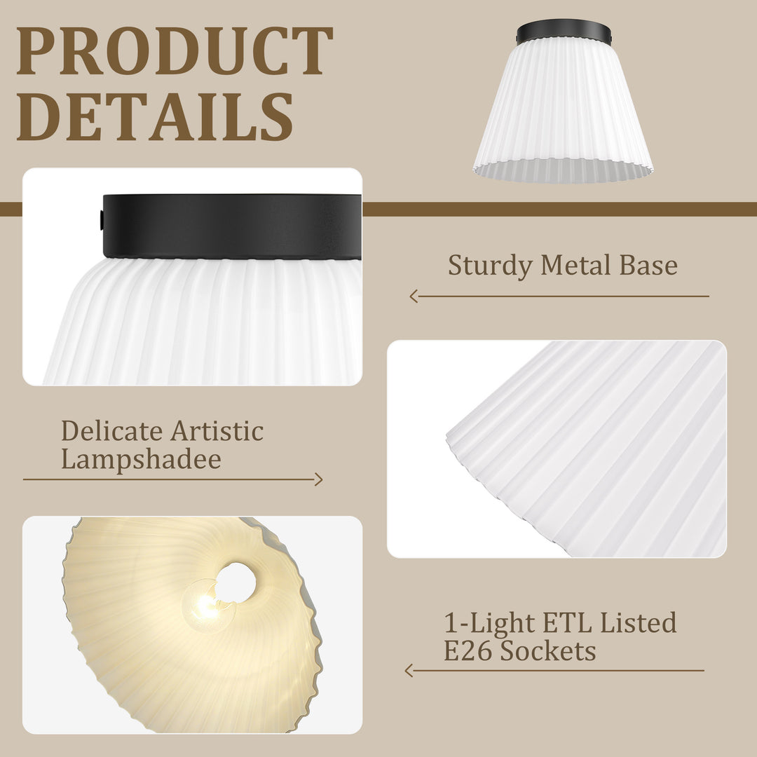 Glow 10" 1-Light Modern Matte Black Flush Mount With White Ribbed Glass Drum Shade For Hallways/ Stairwells /Dining Rooms #39016