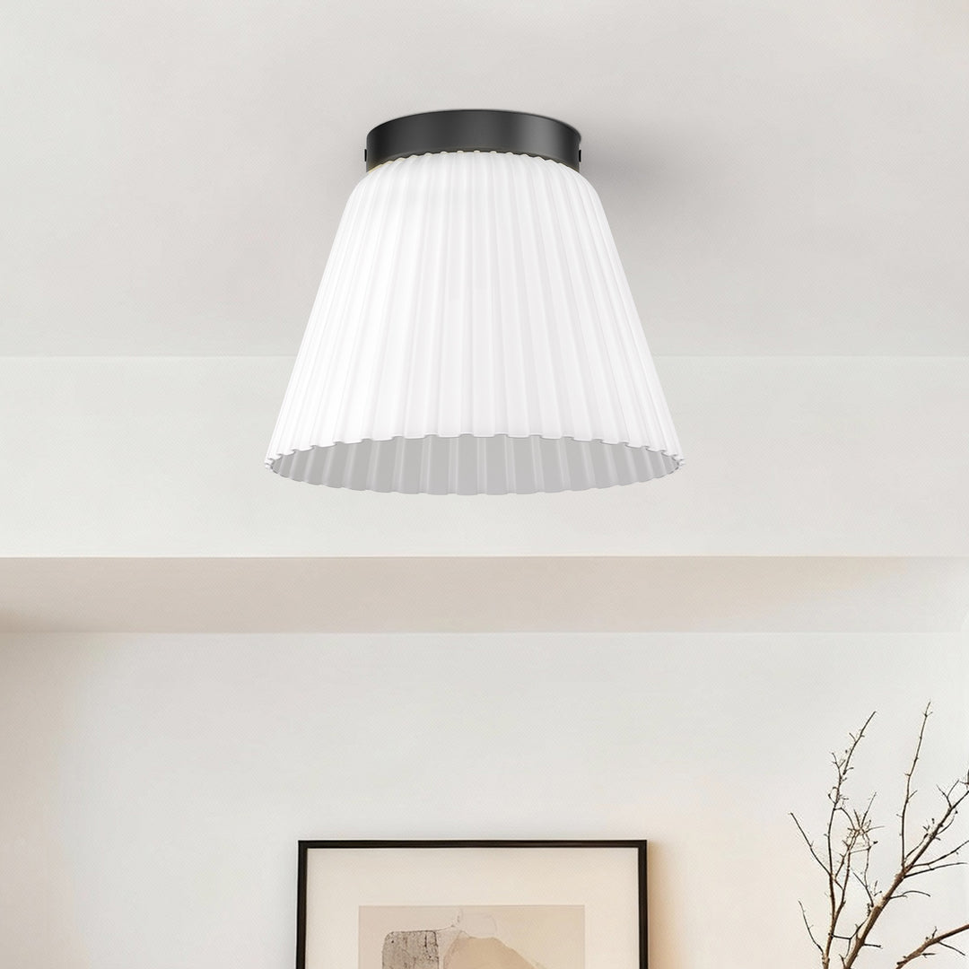 Glow 10" 1-Light Modern Matte Black Flush Mount With White Ribbed Glass Drum Shade For Hallways/ Stairwells /Dining Rooms #39016