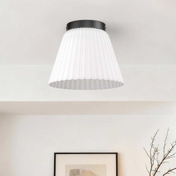 Glow 10" 1-Light Modern Matte Black Flush Mount With White Ribbed Glass Drum Shade For Hallways/ Stairwells /Dining Rooms #39016