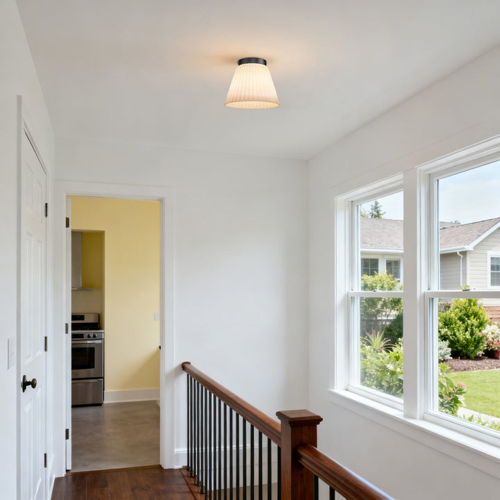 Glow 10" 1-Light Modern Matte Black Flush Mount With White Ribbed Glass Drum Shade For Hallways/ Stairwells /Dining Rooms #39016