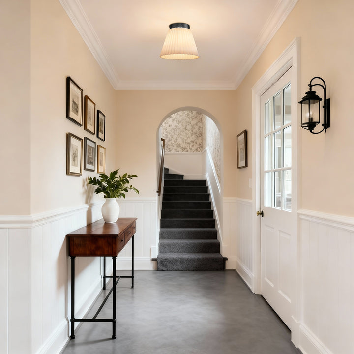 Glow 10" 1-Light Modern Matte Black Flush Mount With White Ribbed Glass Drum Shade For Hallways/ Stairwells /Dining Rooms #39016