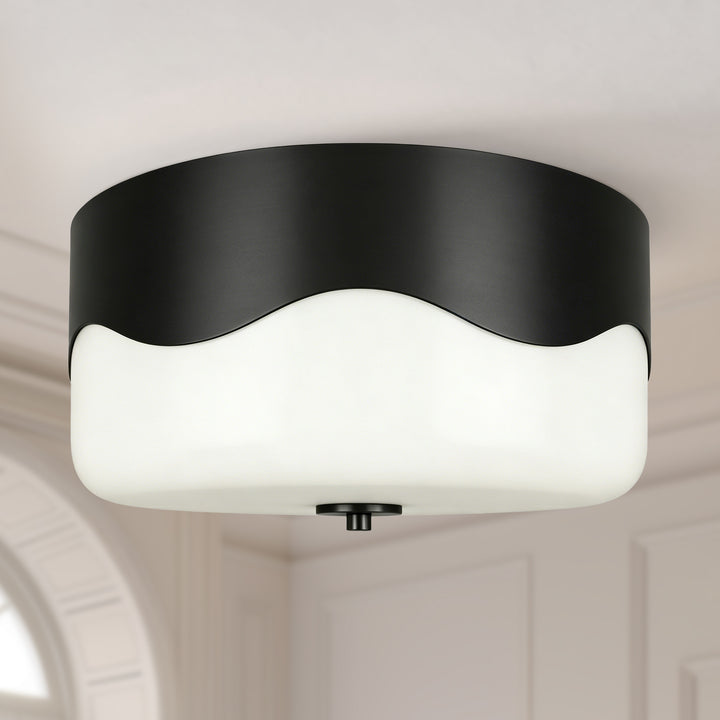 13''-2 Lights Matte Black Modern Water Ripple Glass Drum Dimmable Swivel Lamp Head Flush Mount Lighting For Bedroom/Hallway #29043