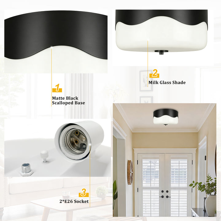 13''-2 Lights Matte Black Modern Water Ripple Glass Drum Dimmable Swivel Lamp Head Flush Mount Lighting For Bedroom/Hallway #29043