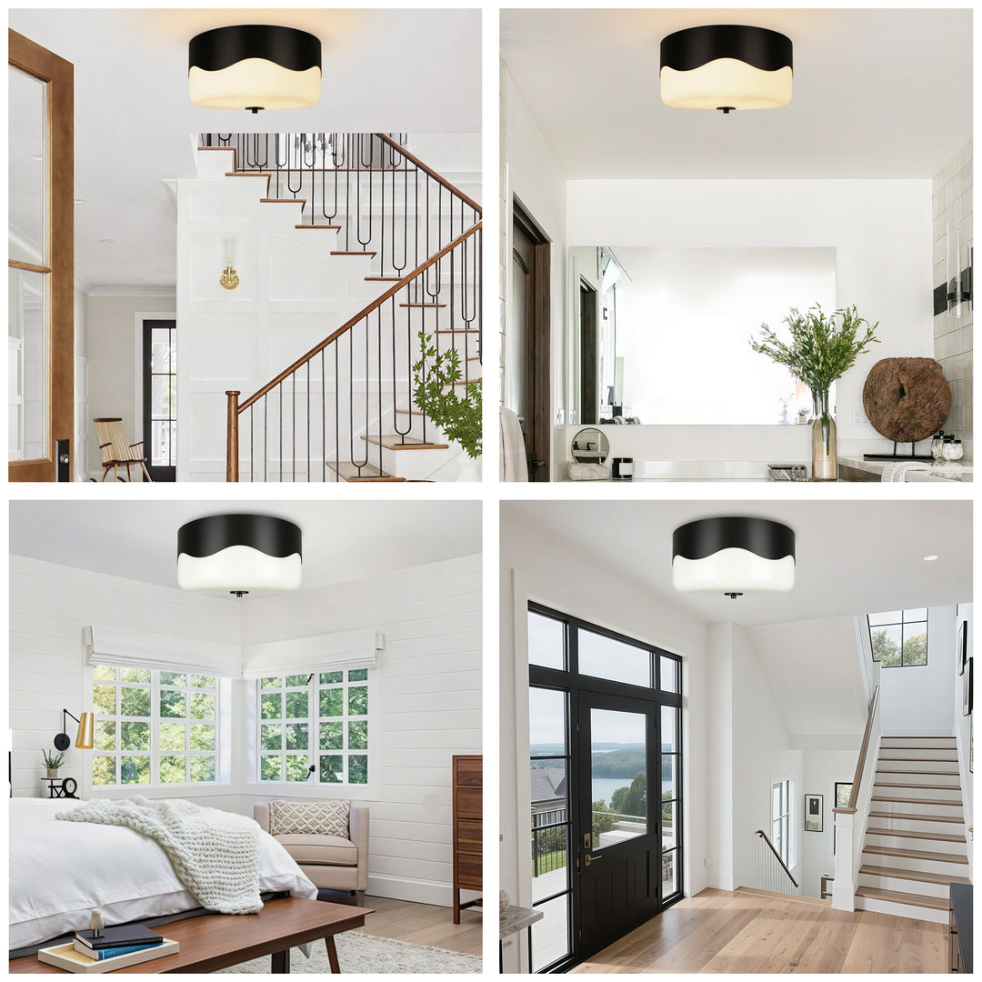 13''-2 Lights Matte Black Modern Water Ripple Glass Drum Dimmable Swivel Lamp Head Flush Mount Lighting For Bedroom/Hallway #29043