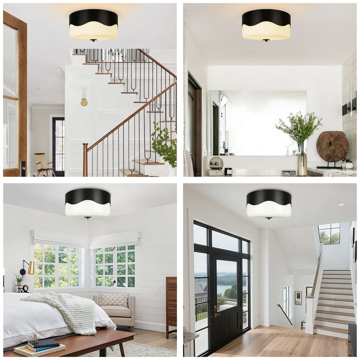 13''-2 Lights Matte Black Modern Water Ripple Glass Drum Dimmable Swivel Lamp Head Flush Mount Lighting For Bedroom/Hallway #29043
