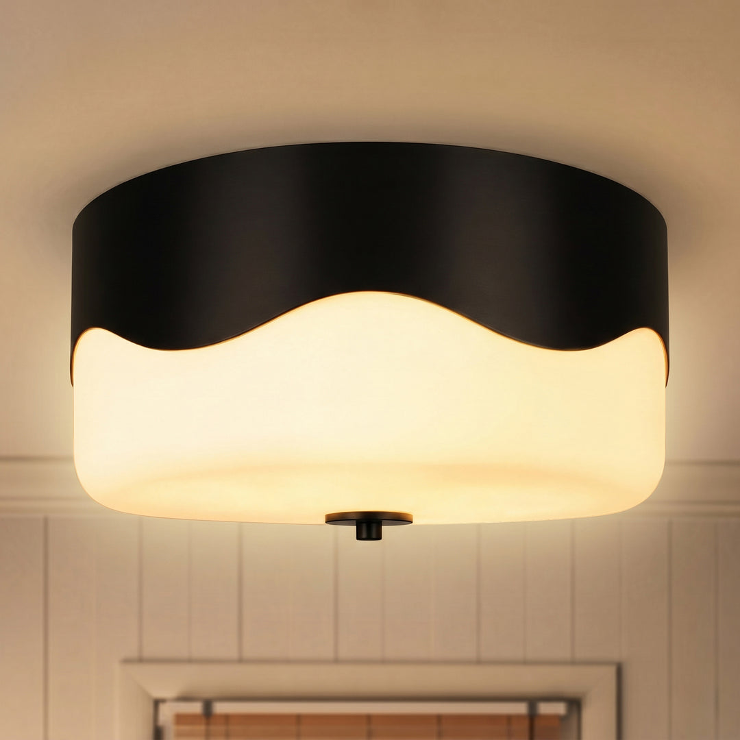 13''-2 Lights Matte Black Modern Water Ripple Glass Drum Dimmable Swivel Lamp Head Flush Mount Lighting For Bedroom/Hallway #29043