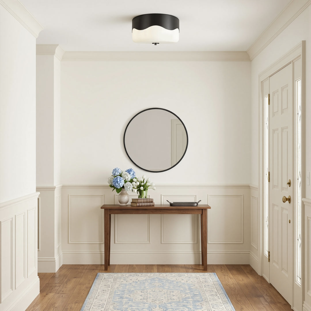 13''-2 Lights Matte Black Modern Water Ripple Glass Drum Dimmable Swivel Lamp Head Flush Mount Lighting For Bedroom/Hallway #29043
