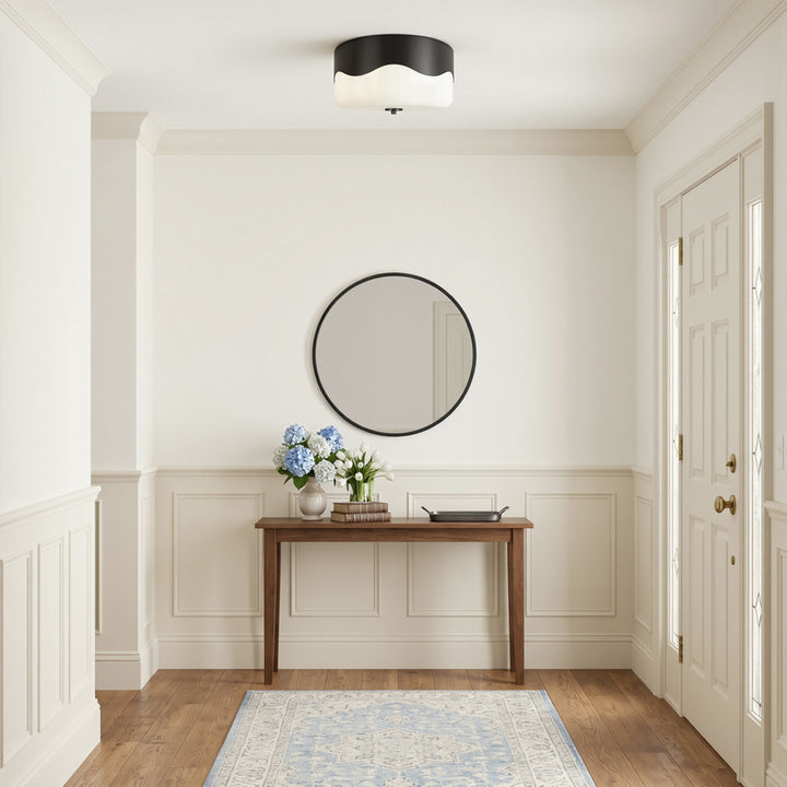 13''-2 Lights Matte Black Modern Water Ripple Glass Drum Dimmable Swivel Lamp Head Flush Mount Lighting For Bedroom/Hallway #29043