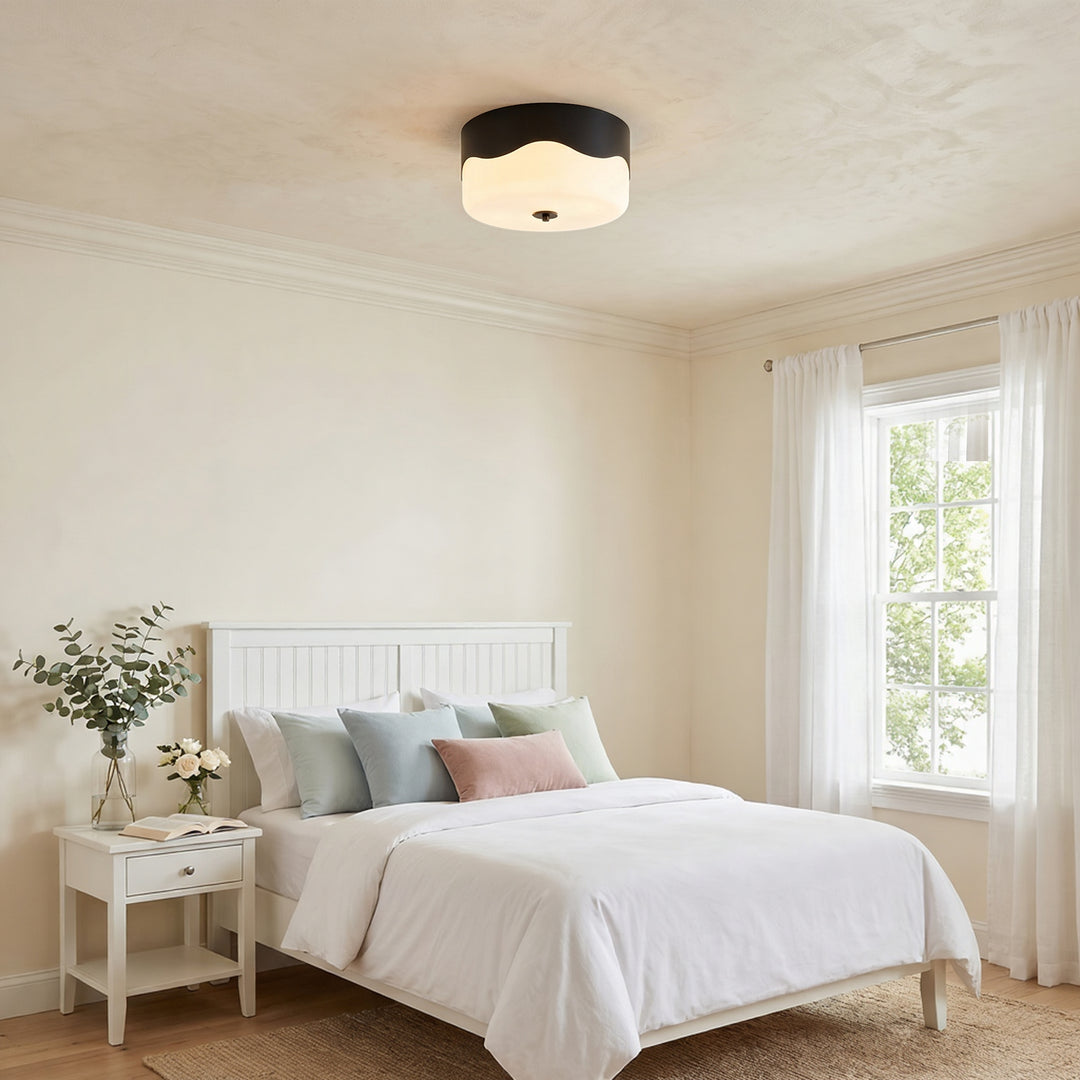 13''-2 Lights Matte Black Modern Water Ripple Glass Drum Dimmable Swivel Lamp Head Flush Mount Lighting For Bedroom/Hallway #29043
