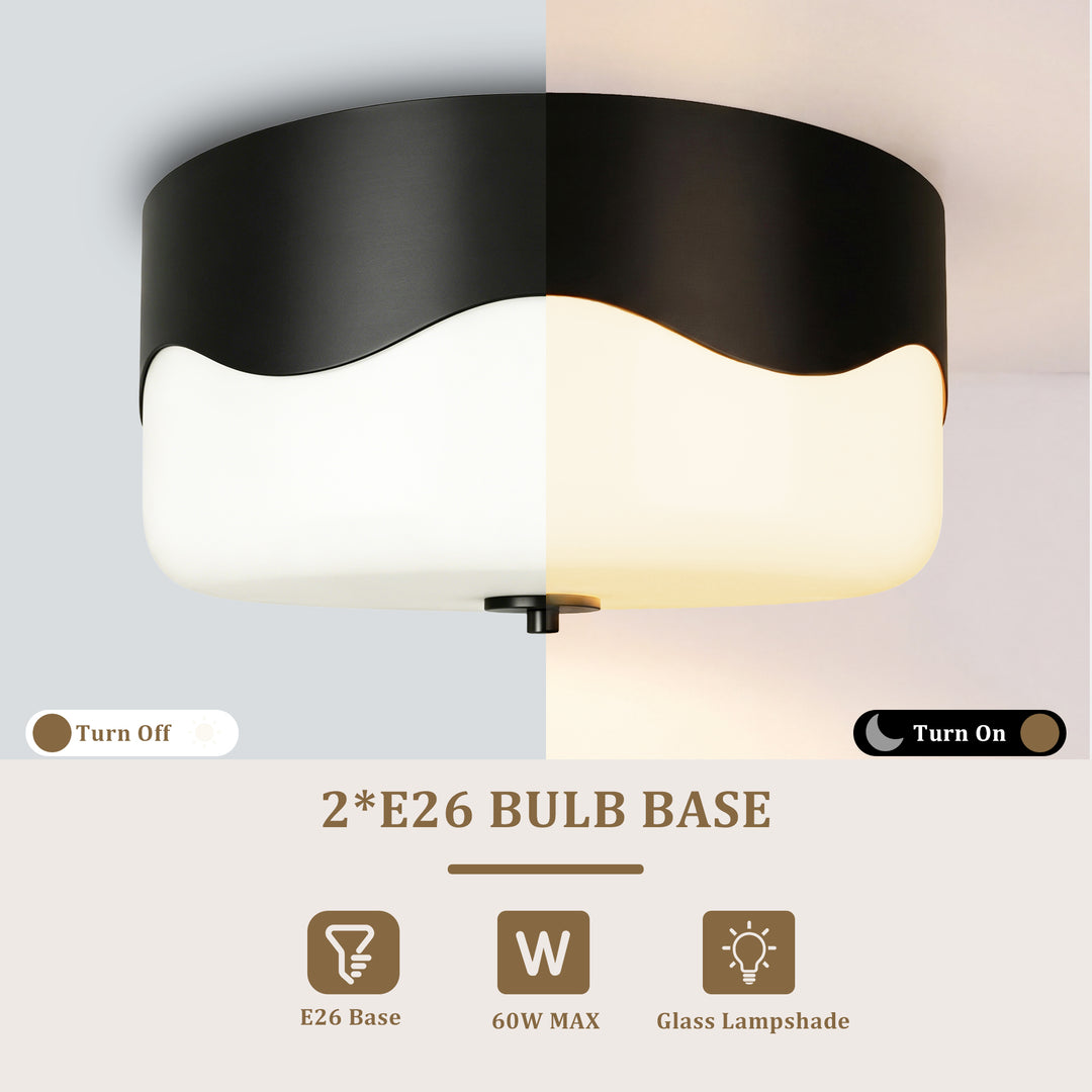 13''-2 Lights Matte Black Modern Water Ripple Glass Drum Dimmable Swivel Lamp Head Flush Mount Lighting For Bedroom/Hallway #29043