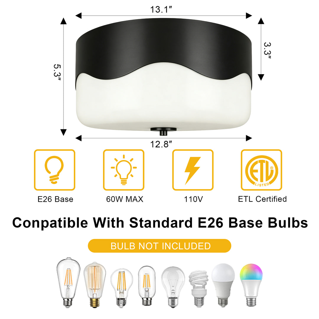 13''-2 Lights Matte Black Modern Water Ripple Glass Drum Dimmable Swivel Lamp Head Flush Mount Lighting For Bedroom/Hallway #29043