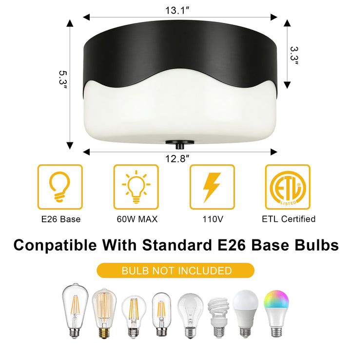 13''-2 Lights Matte Black Modern Water Ripple Glass Drum Dimmable Swivel Lamp Head Flush Mount Lighting For Bedroom/Hallway #29043