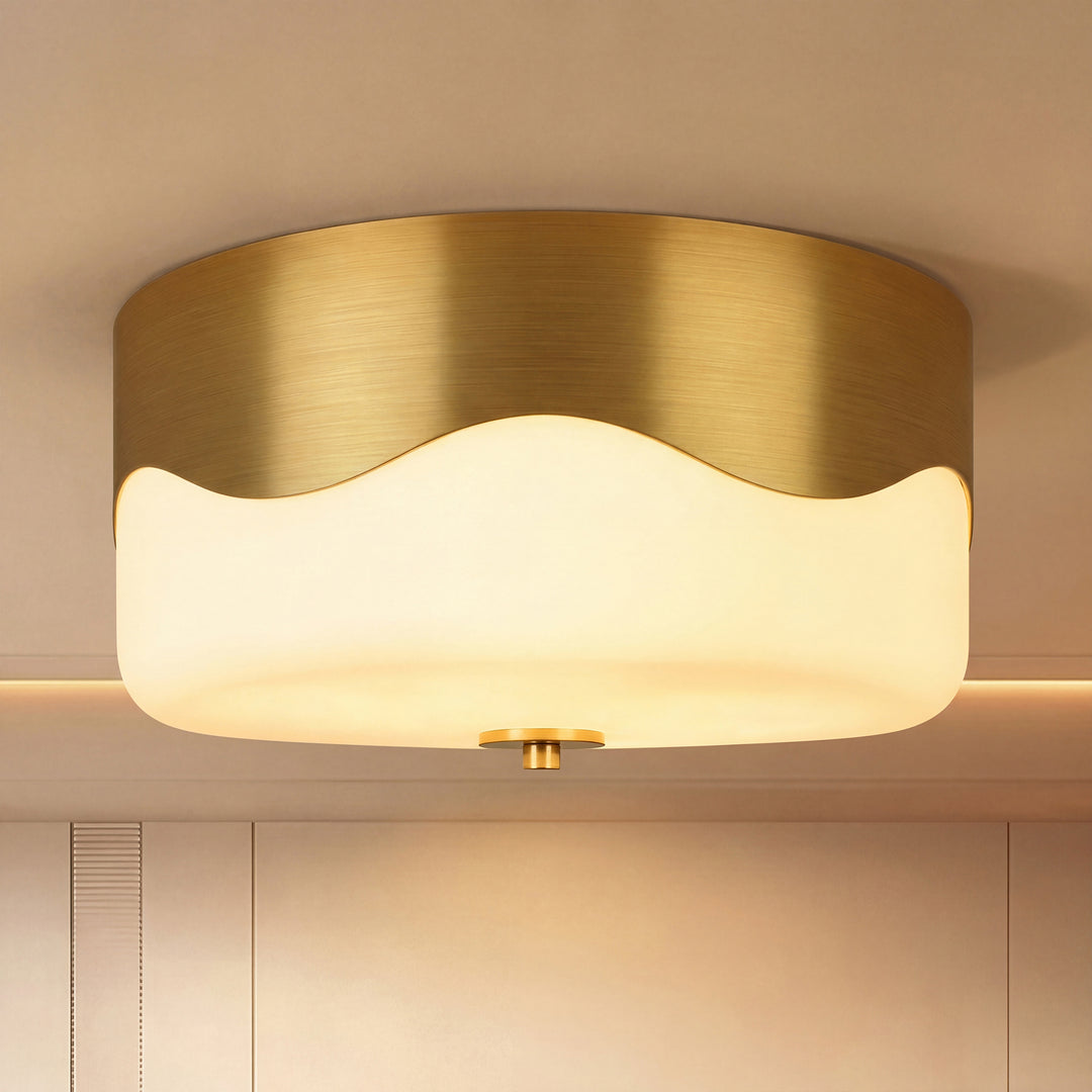 13''-2 Lights Matte Black Modern Water Ripple Glass Drum Dimmable Swivel Lamp Head Flush Mount Lighting For Bedroom/Hallway #29043