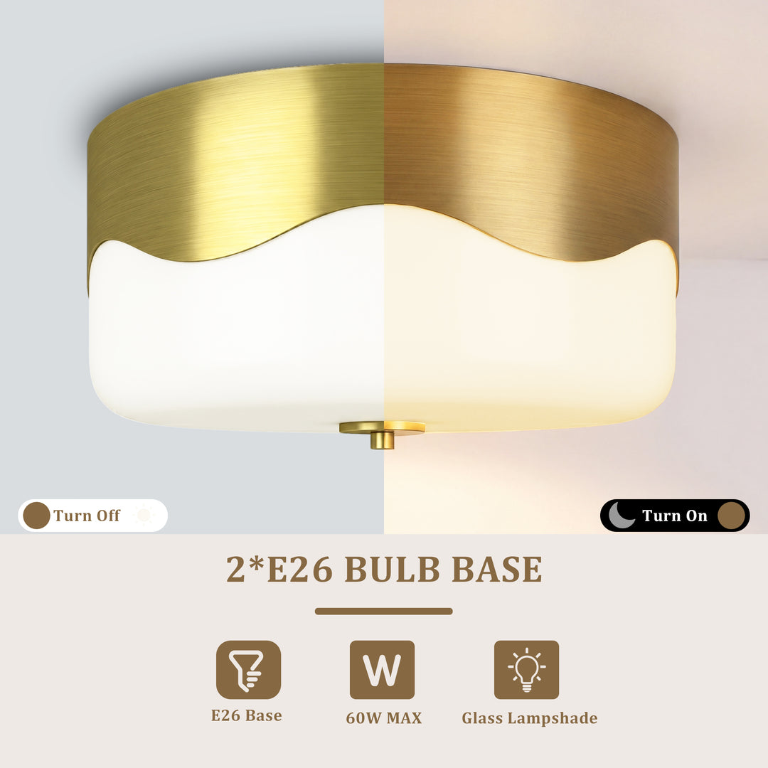13''-2 Lights Matte Black Modern Water Ripple Glass Drum Dimmable Swivel Lamp Head Flush Mount Lighting For Bedroom/Hallway #29043