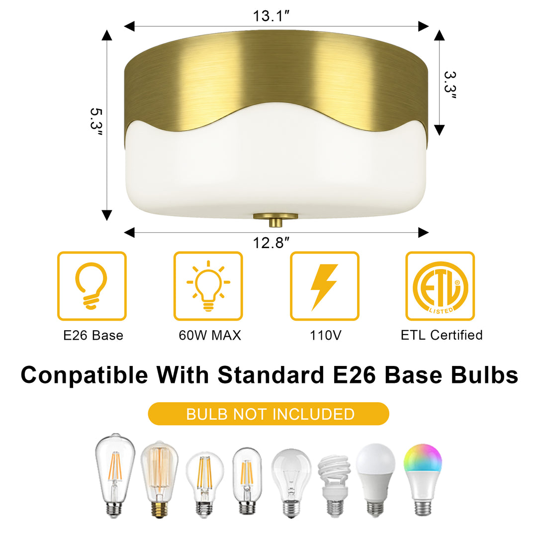 13''-2 Lights Matte Black Modern Water Ripple Glass Drum Dimmable Swivel Lamp Head Flush Mount Lighting For Bedroom/Hallway #29043