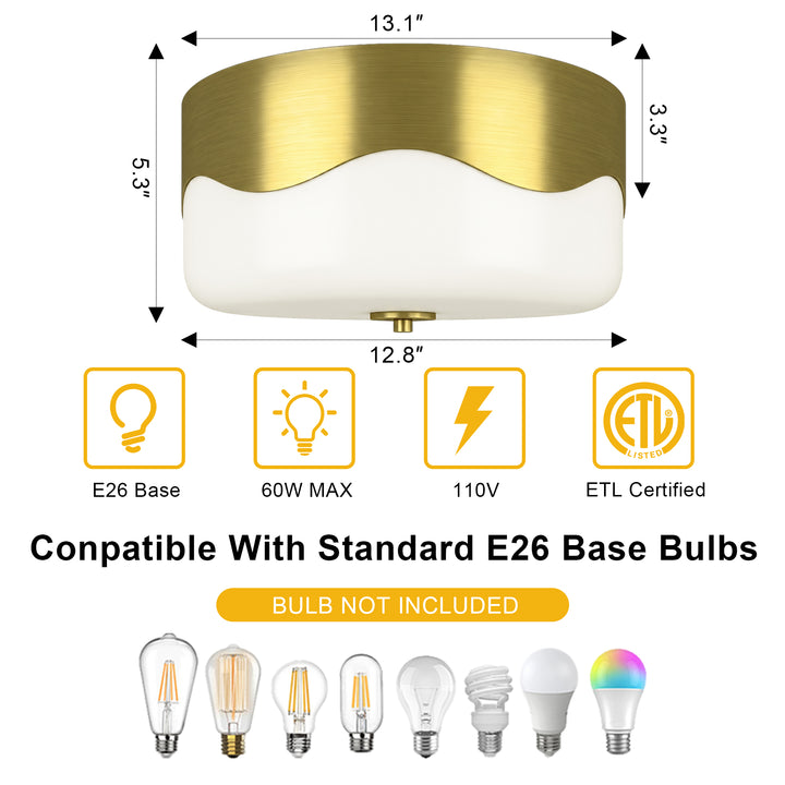 13''-2 Lights Matte Black Modern Water Ripple Glass Drum Dimmable Swivel Lamp Head Flush Mount Lighting For Bedroom/Hallway #29043