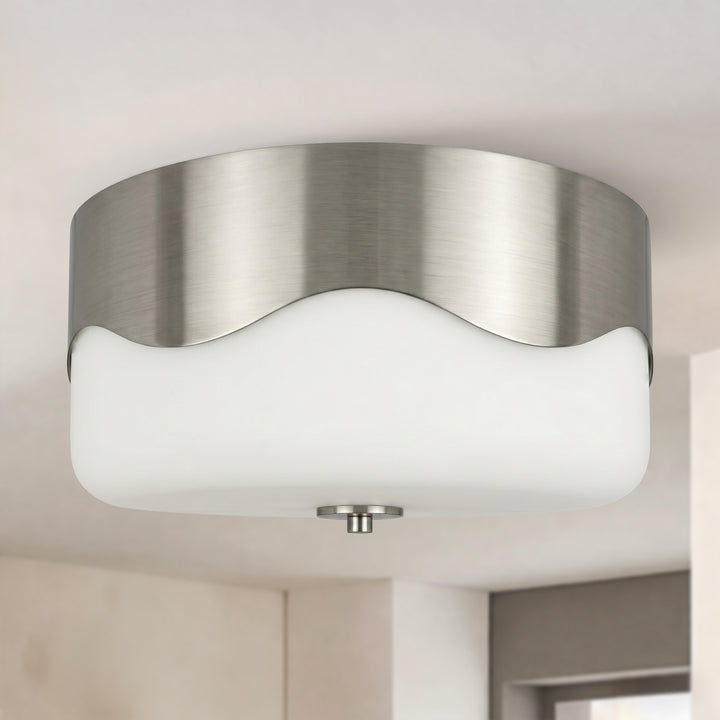 13''-2 Lights Matte Black Modern Water Ripple Glass Drum Dimmable Swivel Lamp Head Flush Mount Lighting For Bedroom/Hallway #29043