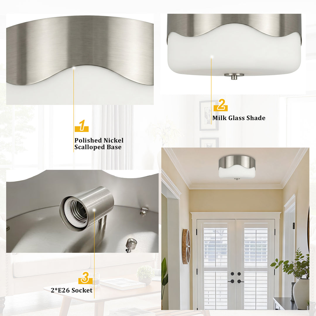 13''-2 Lights Matte Black Modern Water Ripple Glass Drum Dimmable Swivel Lamp Head Flush Mount Lighting For Bedroom/Hallway #29043