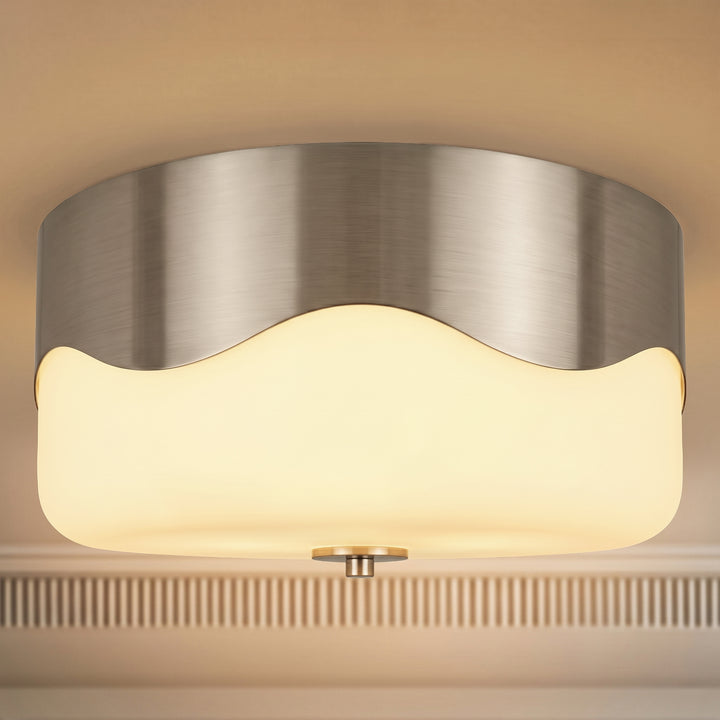 13''-2 Lights Matte Black Modern Water Ripple Glass Drum Dimmable Swivel Lamp Head Flush Mount Lighting For Bedroom/Hallway #29043