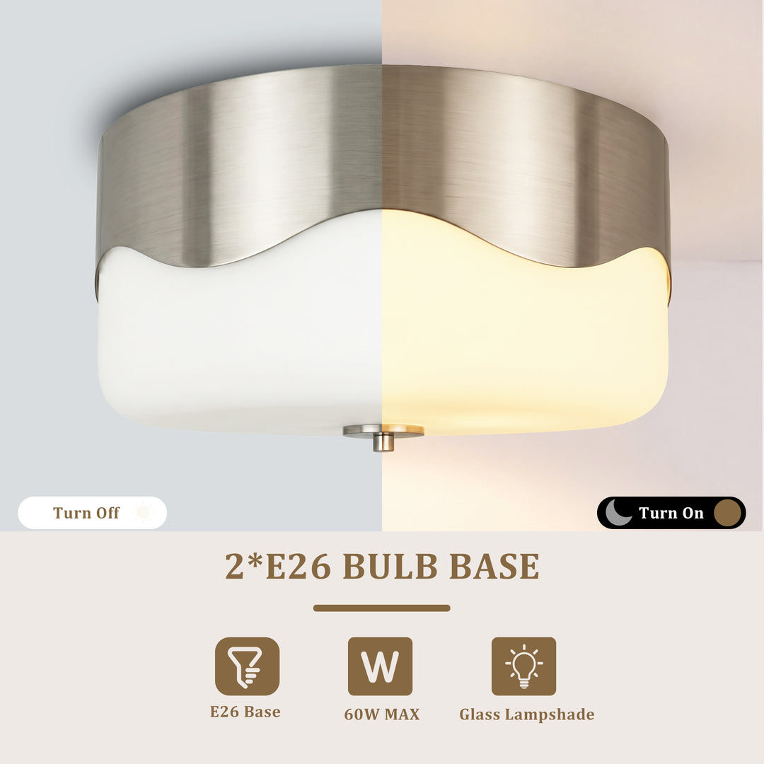 13''-2 Lights Matte Black Modern Water Ripple Glass Drum Dimmable Swivel Lamp Head Flush Mount Lighting For Bedroom/Hallway #29043