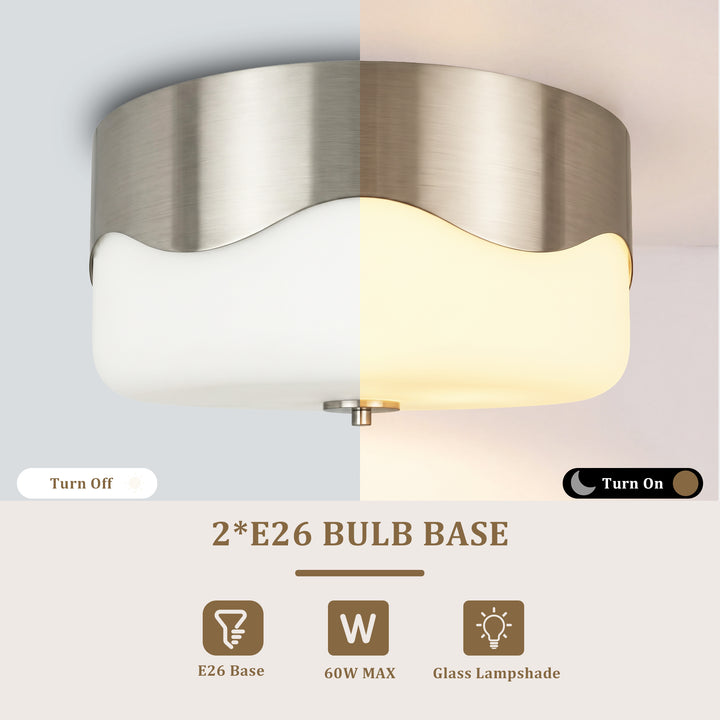 13''-2 Lights Matte Black Modern Water Ripple Glass Drum Dimmable Swivel Lamp Head Flush Mount Lighting For Bedroom/Hallway #29043