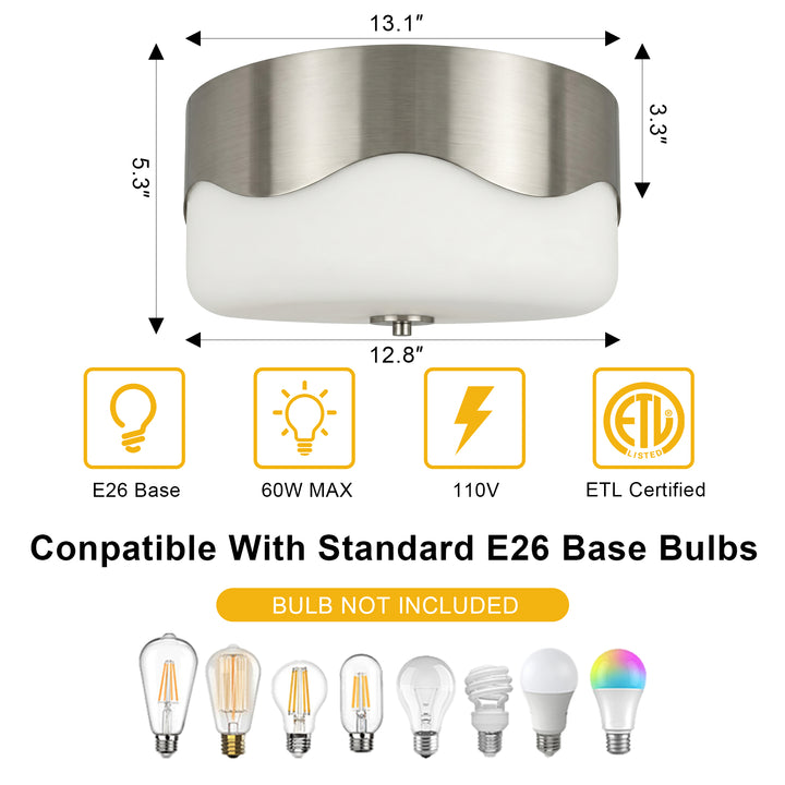 13''-2 Lights Matte Black Modern Water Ripple Glass Drum Dimmable Swivel Lamp Head Flush Mount Lighting For Bedroom/Hallway #29043