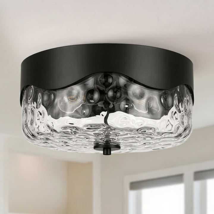 13''-2 Lights Matte Black Modern Water Ripple Glass Drum Dimmable Swivel Lamp Head Flush Mount Lighting For Bedroom/Hallway #29043