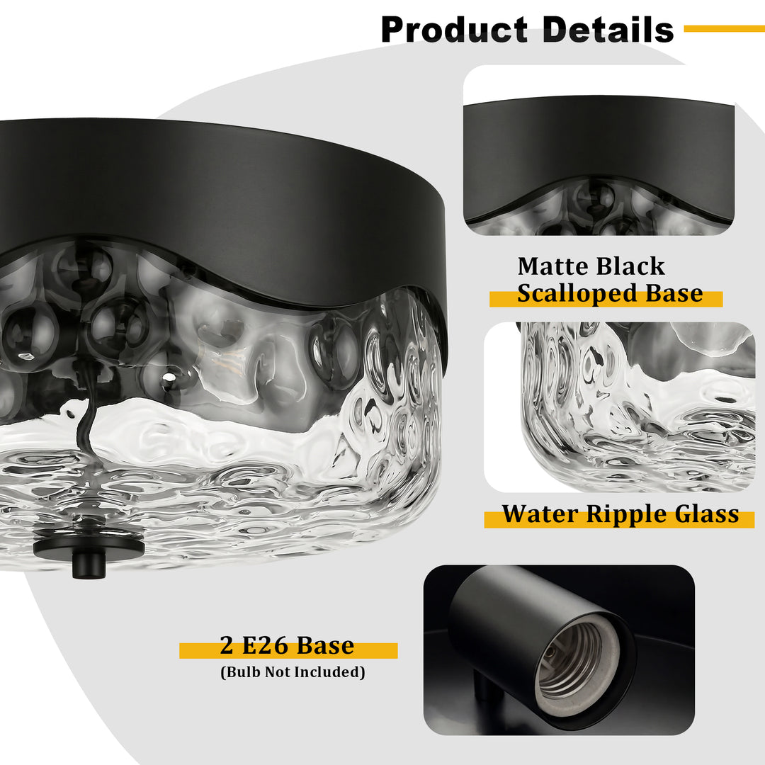 13''-2 Lights Matte Black Modern Water Ripple Glass Drum Dimmable Swivel Lamp Head Flush Mount Lighting For Bedroom/Hallway #29043
