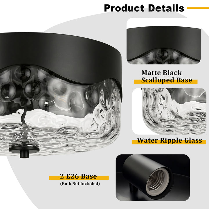 13''-2 Lights Matte Black Modern Water Ripple Glass Drum Dimmable Swivel Lamp Head Flush Mount Lighting For Bedroom/Hallway #29043