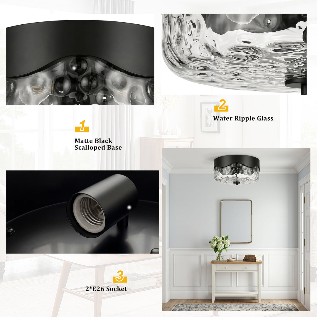 13''-2 Lights Matte Black Modern Water Ripple Glass Drum Dimmable Swivel Lamp Head Flush Mount Lighting For Bedroom/Hallway #29043