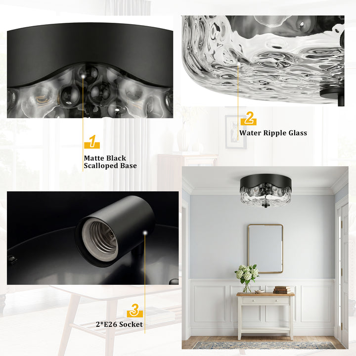 13''-2 Lights Matte Black Modern Water Ripple Glass Drum Dimmable Swivel Lamp Head Flush Mount Lighting For Bedroom/Hallway #29043