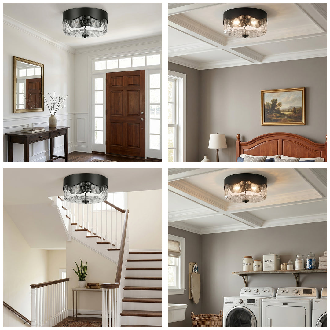 13''-2 Lights Matte Black Modern Water Ripple Glass Drum Dimmable Swivel Lamp Head Flush Mount Lighting For Bedroom/Hallway #29043