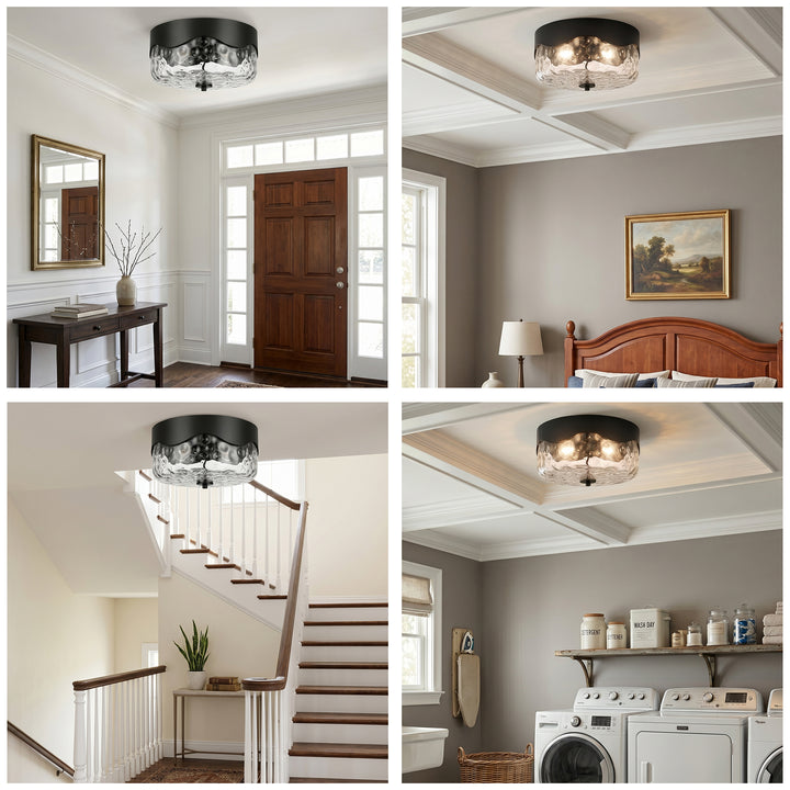 13''-2 Lights Matte Black Modern Water Ripple Glass Drum Dimmable Swivel Lamp Head Flush Mount Lighting For Bedroom/Hallway #29043