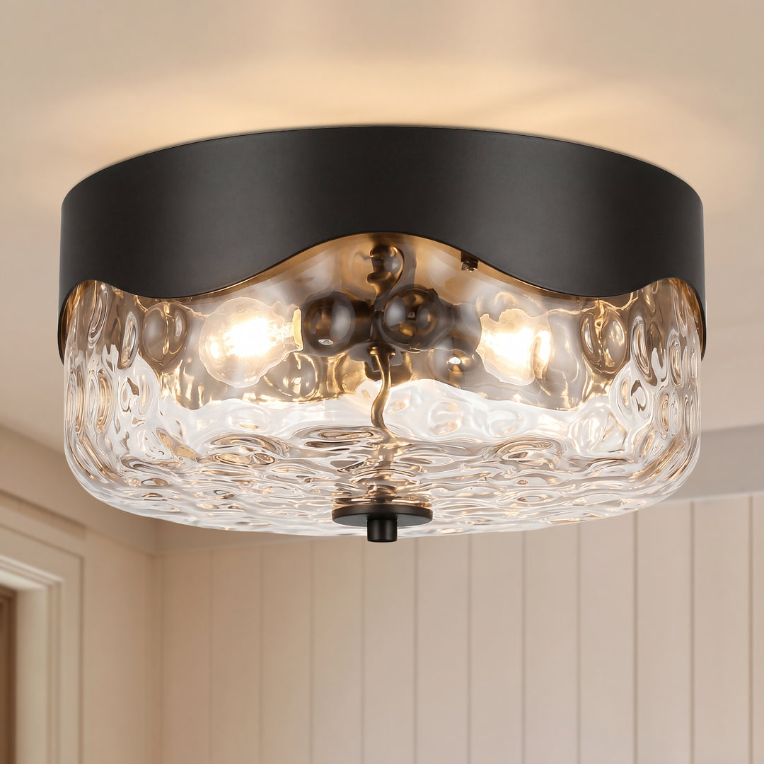 13''-2 Lights Matte Black Modern Water Ripple Glass Drum Dimmable Swivel Lamp Head Flush Mount Lighting For Bedroom/Hallway #29043