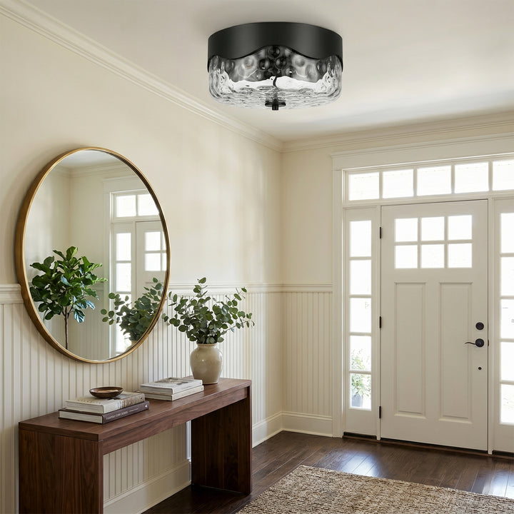13''-2 Lights Matte Black Modern Water Ripple Glass Drum Dimmable Swivel Lamp Head Flush Mount Lighting For Bedroom/Hallway #29043