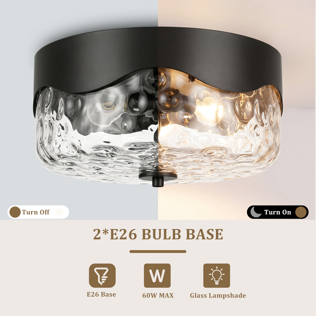 13''-2 Lights Matte Black Modern Water Ripple Glass Drum Dimmable Swivel Lamp Head Flush Mount Lighting For Bedroom/Hallway #29043