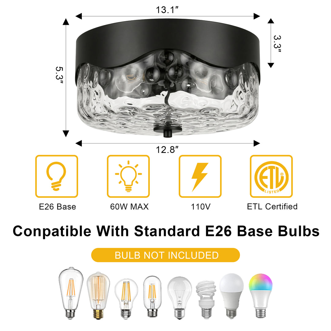 13''-2 Lights Matte Black Modern Water Ripple Glass Drum Dimmable Swivel Lamp Head Flush Mount Lighting For Bedroom/Hallway #29043