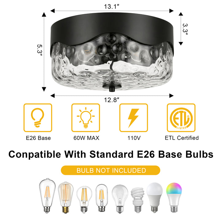 13''-2 Lights Matte Black Modern Water Ripple Glass Drum Dimmable Swivel Lamp Head Flush Mount Lighting For Bedroom/Hallway #29043