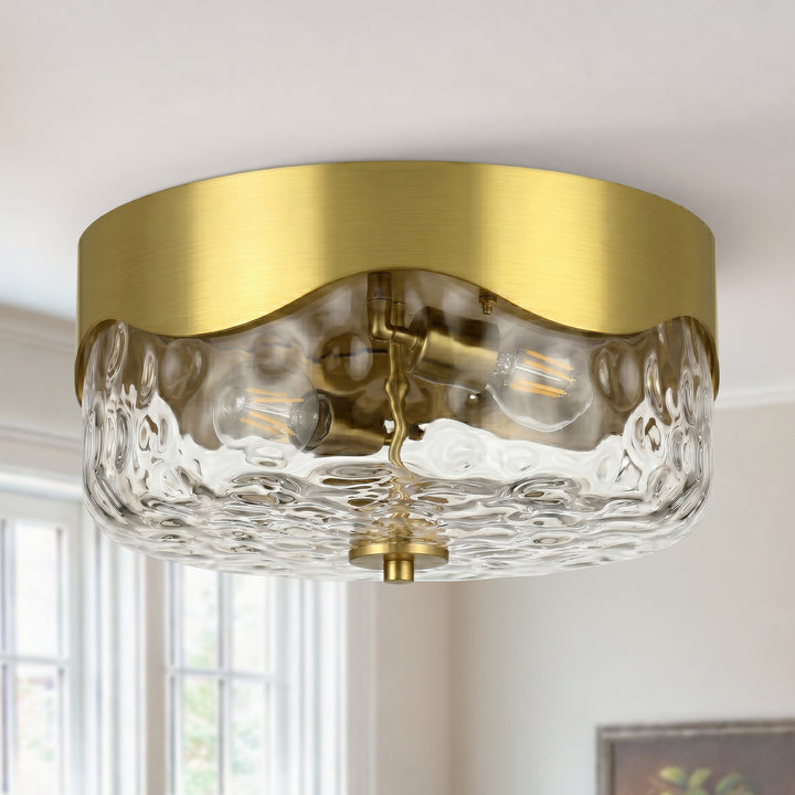 13''-2 Lights Matte Black Modern Water Ripple Glass Drum Dimmable Swivel Lamp Head Flush Mount Lighting For Bedroom/Hallway #29043