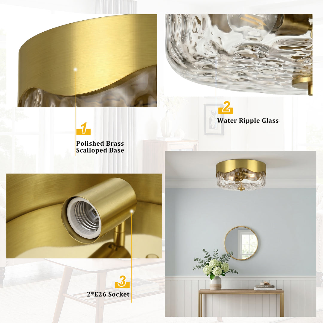 13''-2 Lights Matte Black Modern Water Ripple Glass Drum Dimmable Swivel Lamp Head Flush Mount Lighting For Bedroom/Hallway #29043