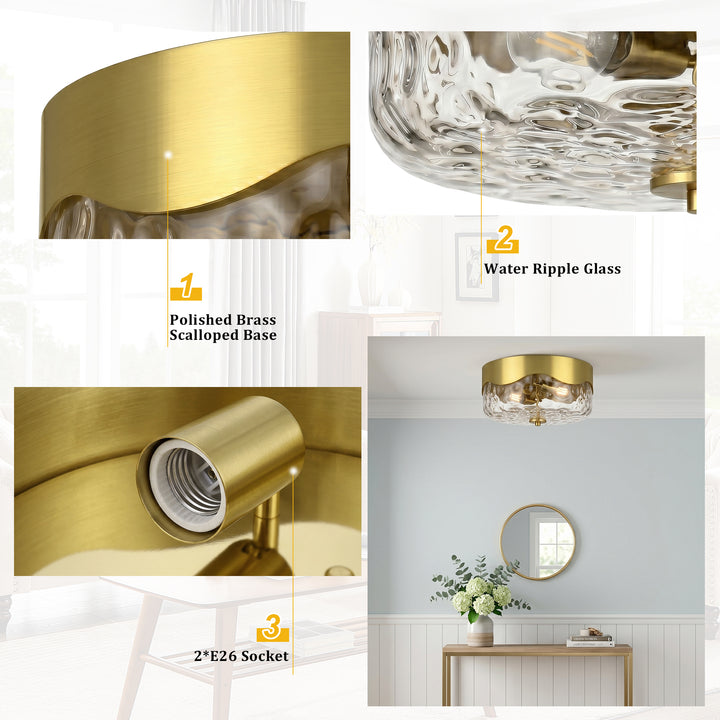 13''-2 Lights Matte Black Modern Water Ripple Glass Drum Dimmable Swivel Lamp Head Flush Mount Lighting For Bedroom/Hallway #29043
