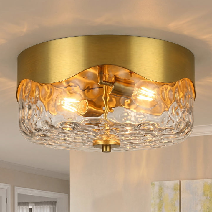 13''-2 Lights Matte Black Modern Water Ripple Glass Drum Dimmable Swivel Lamp Head Flush Mount Lighting For Bedroom/Hallway #29043