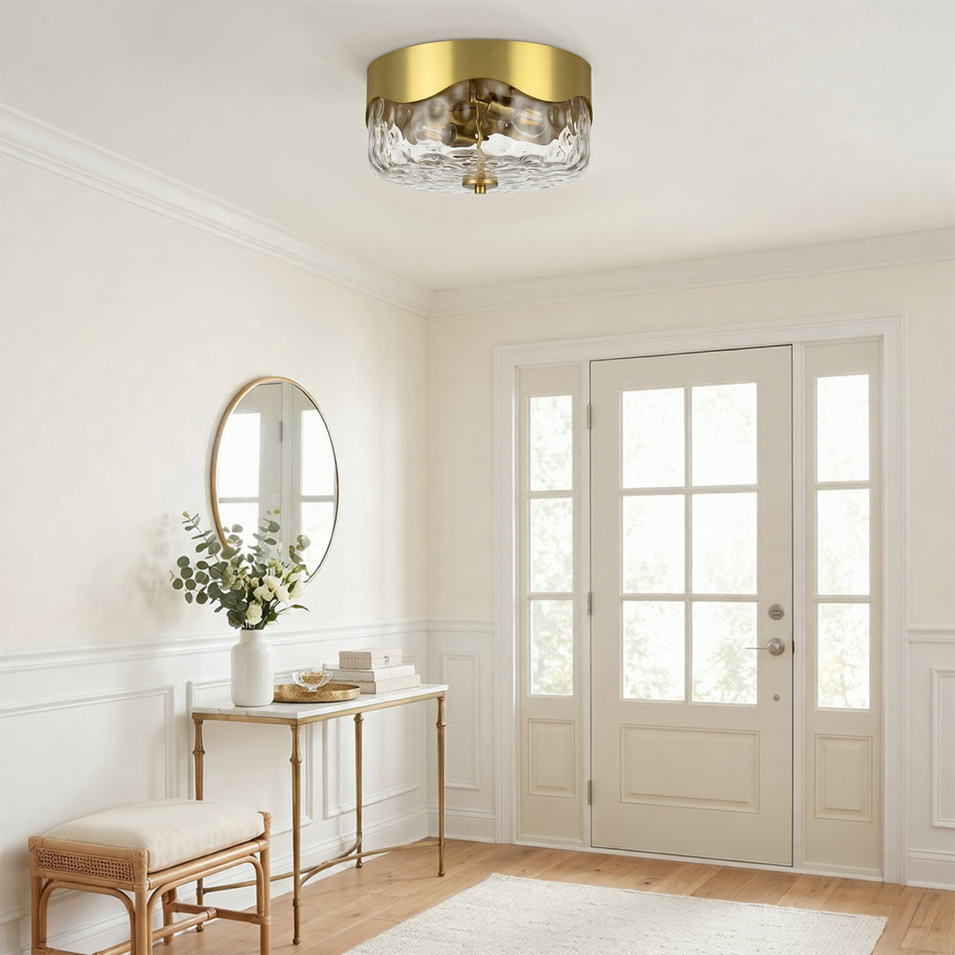 13''-2 Lights Matte Black Modern Water Ripple Glass Drum Dimmable Swivel Lamp Head Flush Mount Lighting For Bedroom/Hallway #29043
