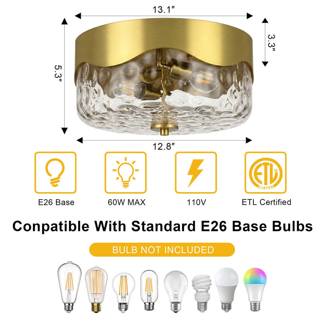 13''-2 Lights Matte Black Modern Water Ripple Glass Drum Dimmable Swivel Lamp Head Flush Mount Lighting For Bedroom/Hallway #29043