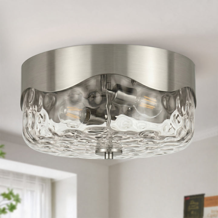 13''-2 Lights Matte Black Modern Water Ripple Glass Drum Dimmable Swivel Lamp Head Flush Mount Lighting For Bedroom/Hallway #29043
